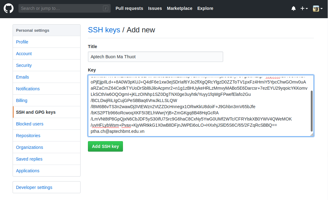 Chèn khóa SSH vào Git hub - Cài đặt Git - Aptech Buôn Ma Thuột